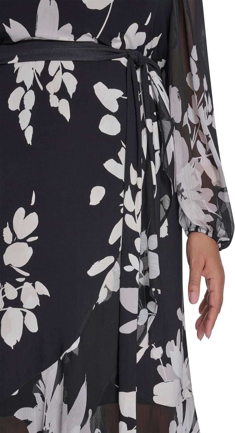 imageTommy Hilfiger Womens Long Chiffon Balloon Sleeve Velvet Wrap Midi DressIvory Multi