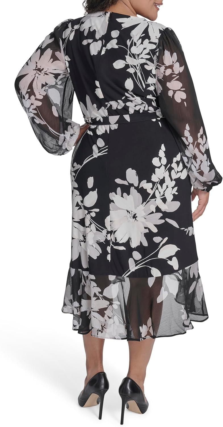 imageTommy Hilfiger Womens Long Chiffon Balloon Sleeve Velvet Wrap Midi DressIvory Multi