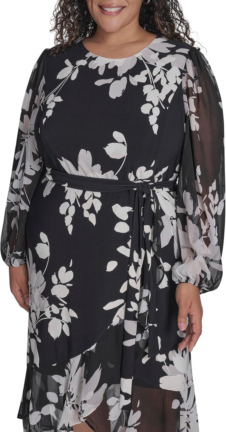 imageTommy Hilfiger Womens Long Chiffon Balloon Sleeve Velvet Wrap Midi DressIvory Multi