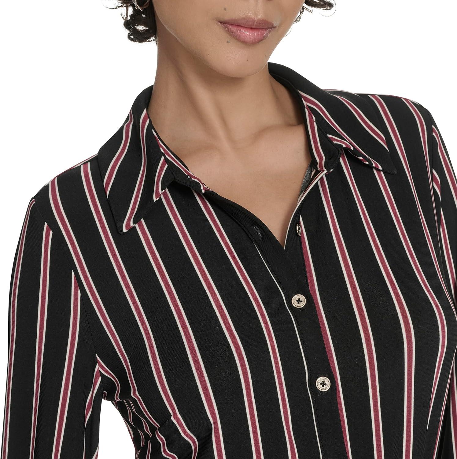 imageTommy Hilfiger Womens Long Sleeve Collared Tie Waist Midi Shirt DressBlackCabernet