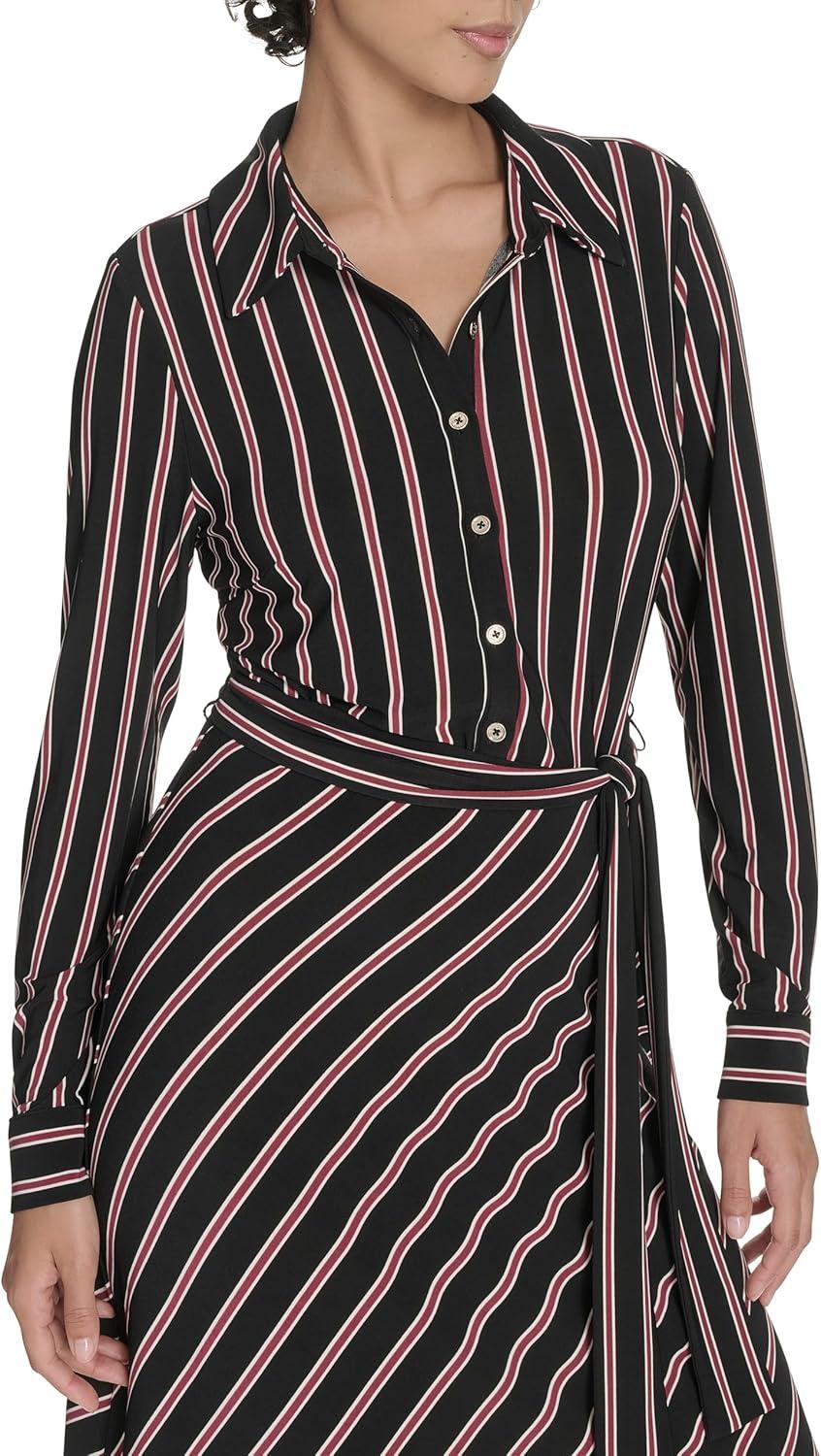 imageTommy Hilfiger Womens Long Sleeve Collared Tie Waist Midi Shirt DressBlackCabernet
