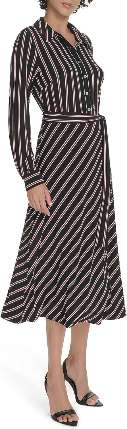 imageTommy Hilfiger Womens Long Sleeve Collared Tie Waist Midi Shirt DressBlackCabernet