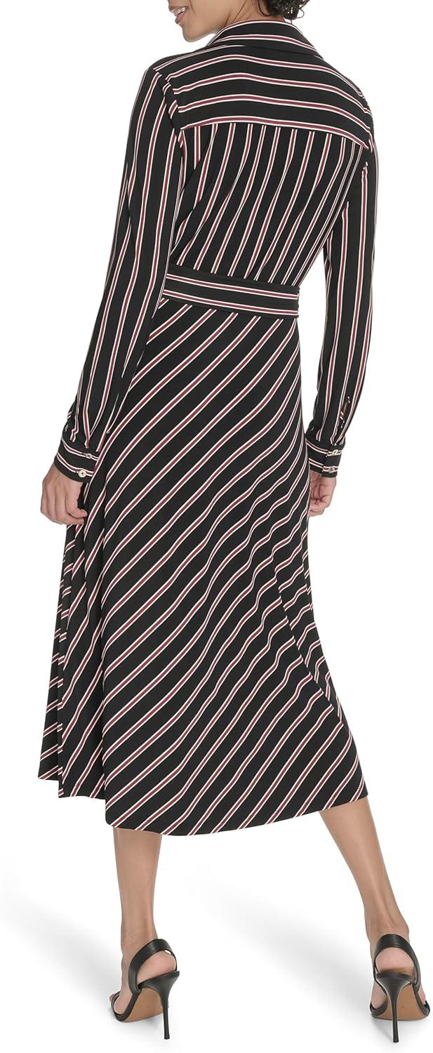imageTommy Hilfiger Womens Long Sleeve Collared Tie Waist Midi Shirt DressBlackCabernet