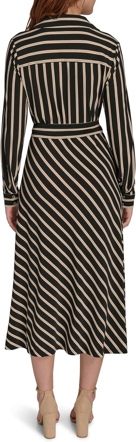imageTommy Hilfiger Womens Long Sleeve Collared Tie Waist Midi Shirt DressBlackSand