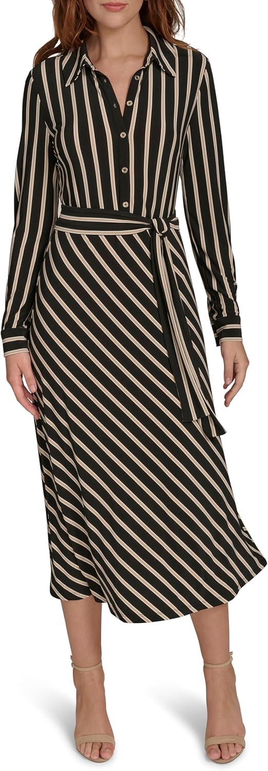 imageTommy Hilfiger Womens Long Sleeve Collared Tie Waist Midi Shirt DressBlackSand