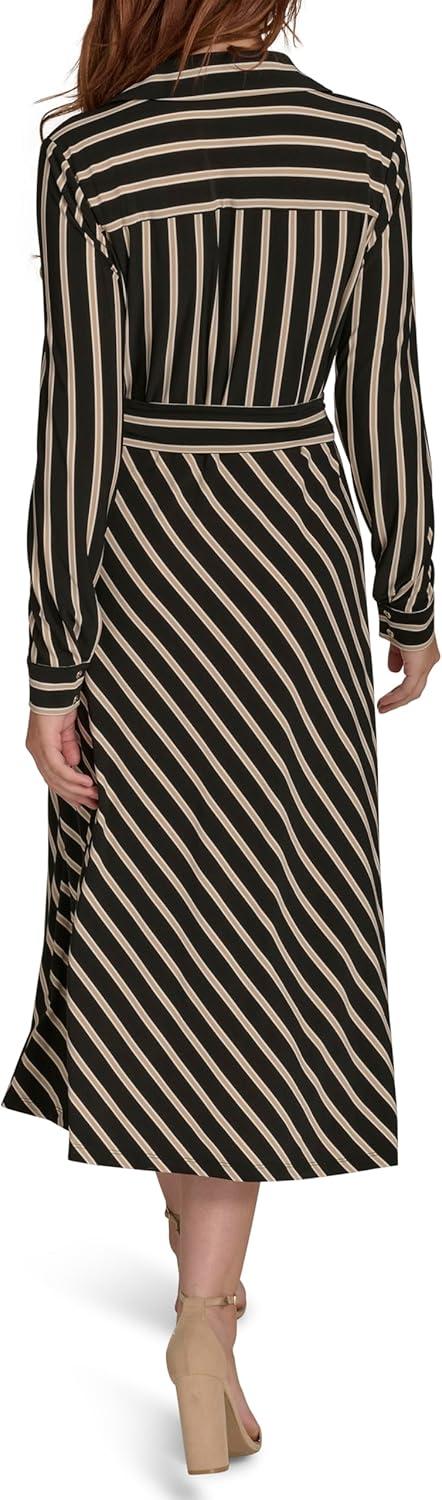 imageTommy Hilfiger Womens Long Sleeve Collared Tie Waist Midi Shirt DressBlackSand