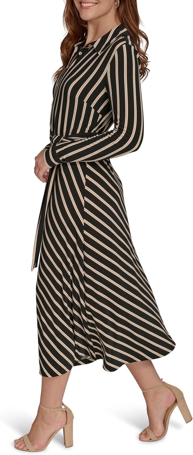 imageTommy Hilfiger Womens Long Sleeve Collared Tie Waist Midi Shirt DressBlackSand