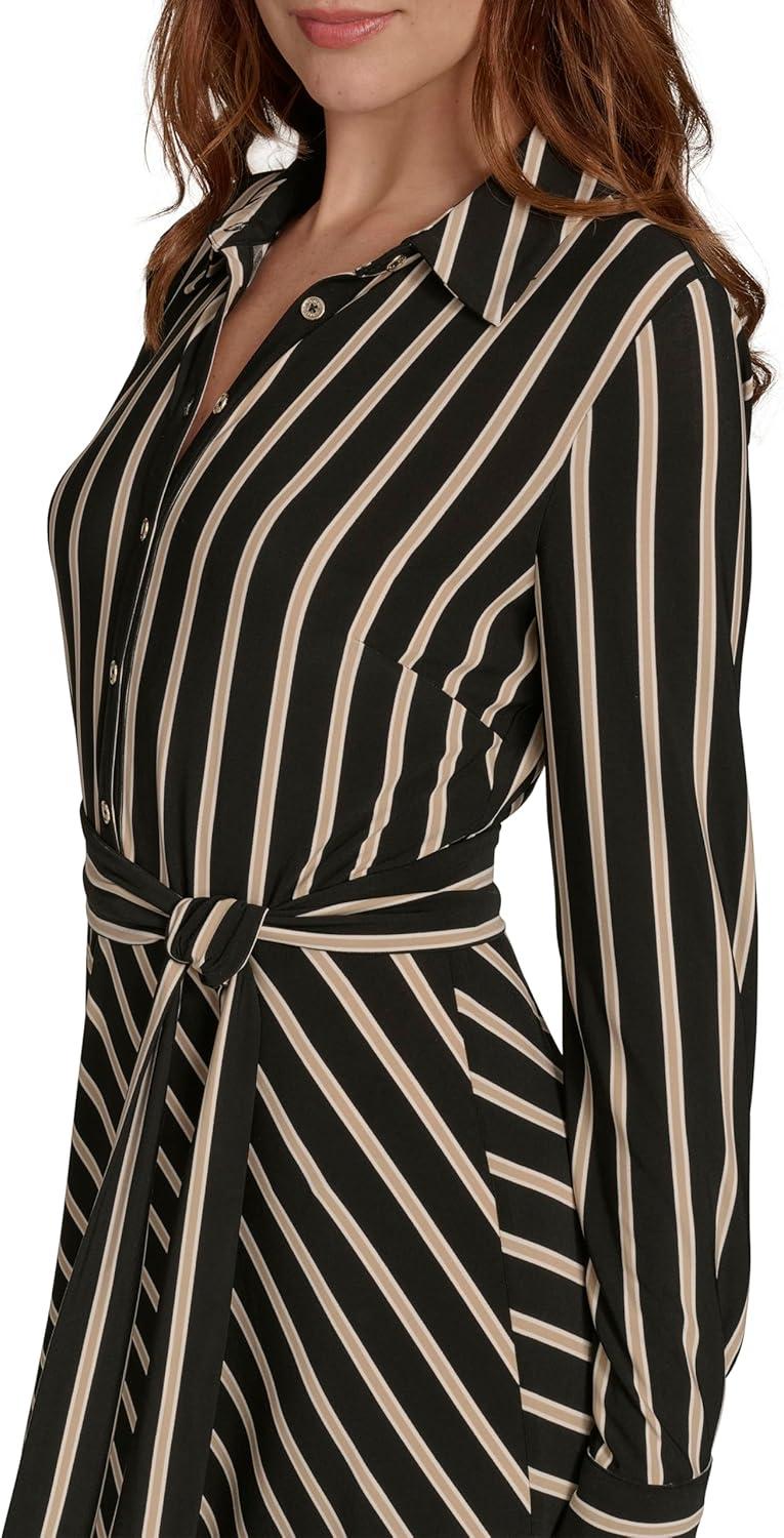 imageTommy Hilfiger Womens Long Sleeve Collared Tie Waist Midi Shirt DressBlackSand