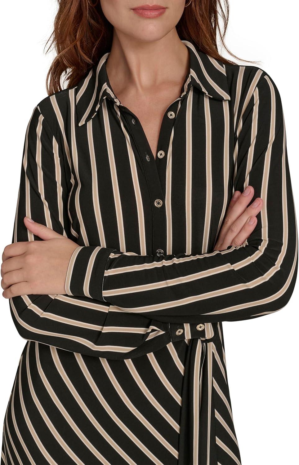 imageTommy Hilfiger Womens Long Sleeve Collared Tie Waist Midi Shirt DressBlackSand