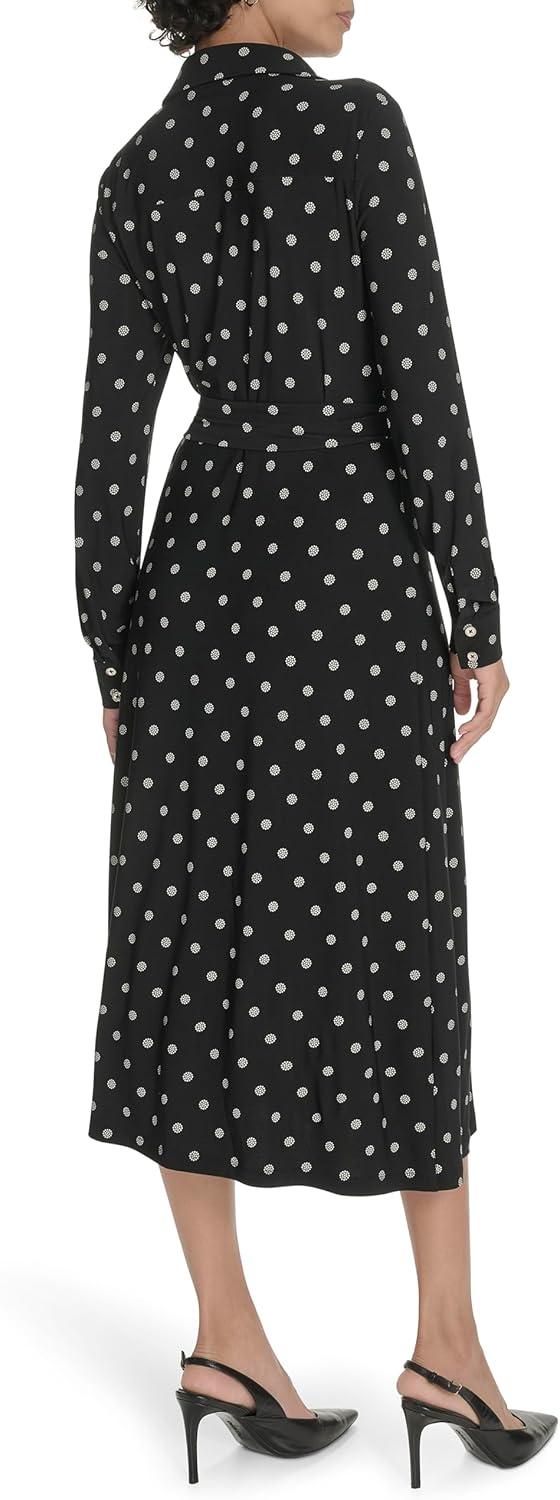 imageTommy Hilfiger Womens Long Sleeve Collared Tie Waist Midi Shirt DressBlackWhitecap