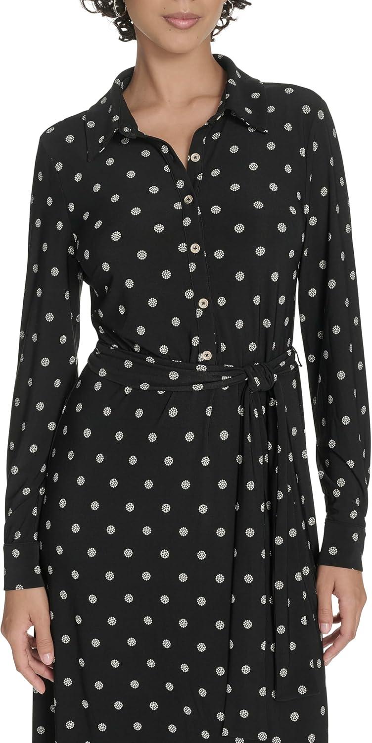 imageTommy Hilfiger Womens Long Sleeve Collared Tie Waist Midi Shirt DressBlackWhitecap
