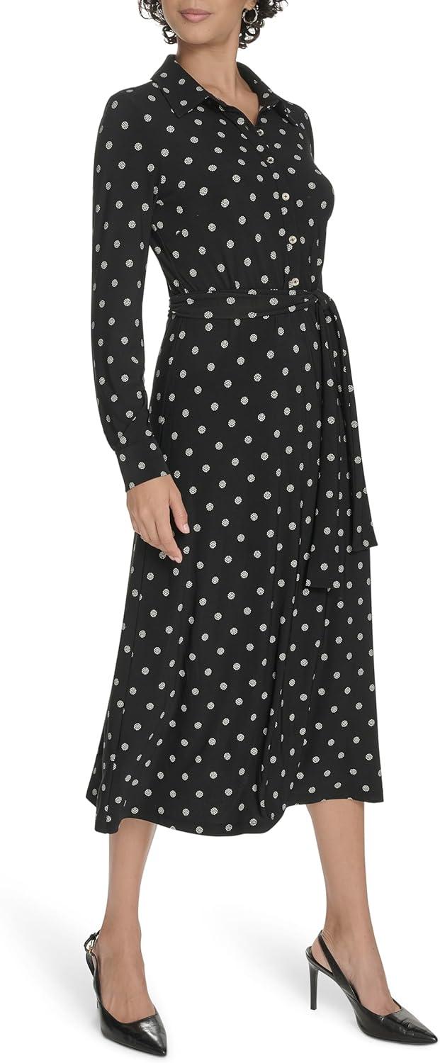 imageTommy Hilfiger Womens Long Sleeve Collared Tie Waist Midi Shirt DressBlackWhitecap