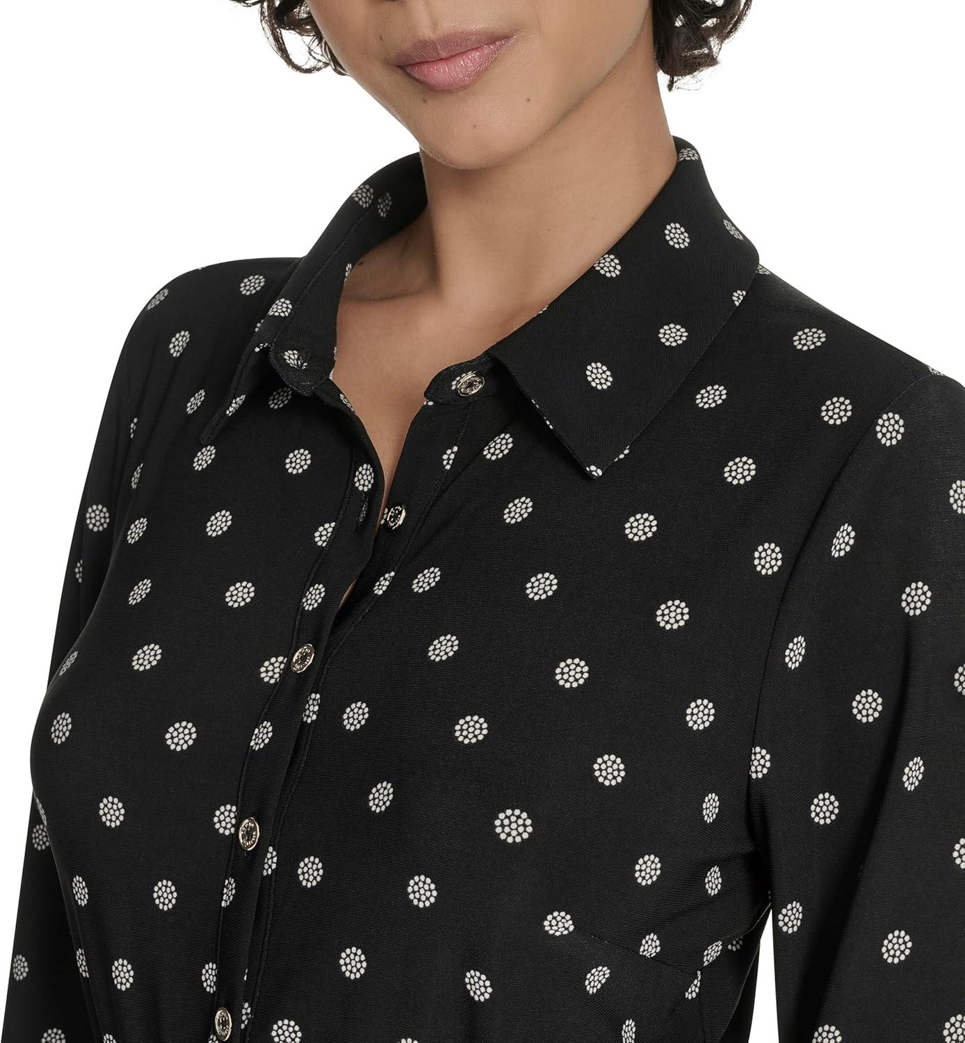 imageTommy Hilfiger Womens Long Sleeve Collared Tie Waist Midi Shirt DressBlackWhitecap