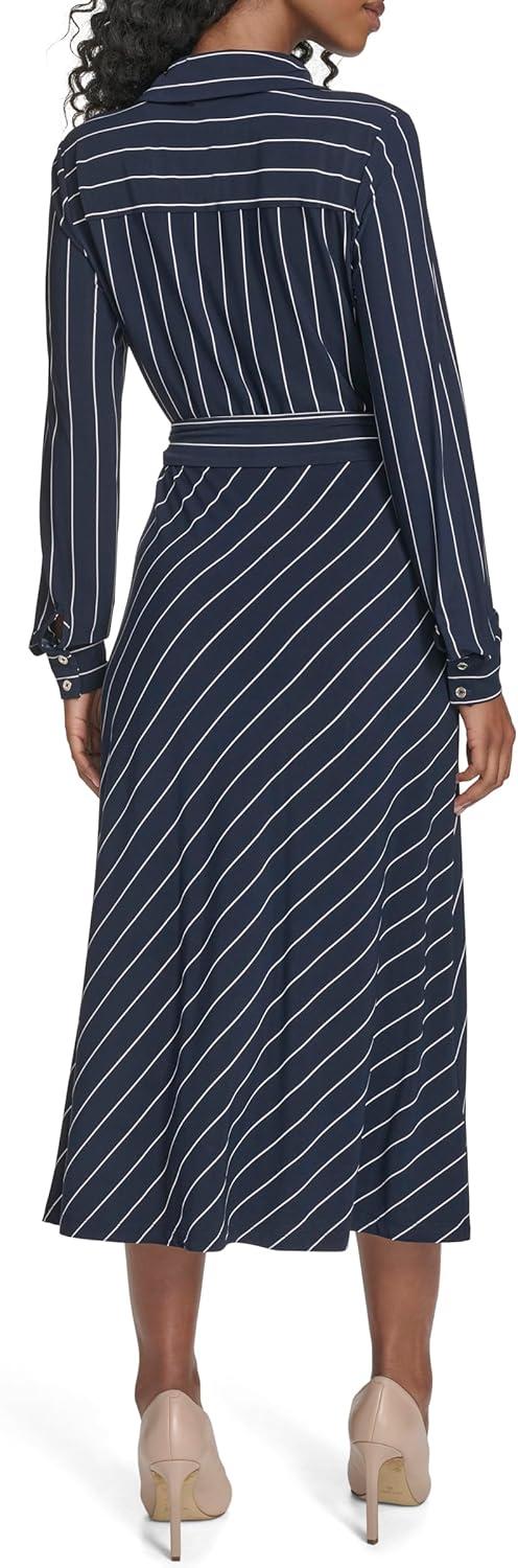 imageTommy Hilfiger Womens Long Sleeve Collared Tie Waist Midi Shirt DressSky CaptainIvory