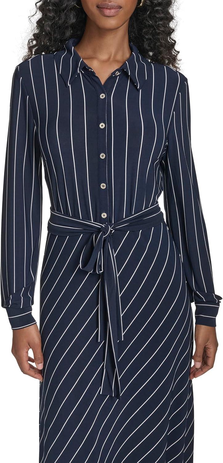 imageTommy Hilfiger Womens Long Sleeve Collared Tie Waist Midi Shirt DressSky CaptainIvory