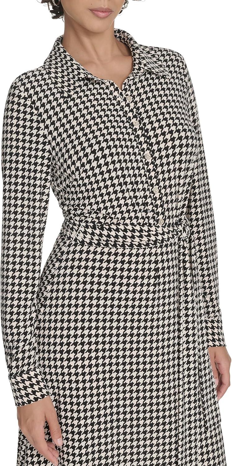 imageTommy Hilfiger Womens Long Sleeve Collared Tie Waist Midi Shirt DressWhitecapBlack