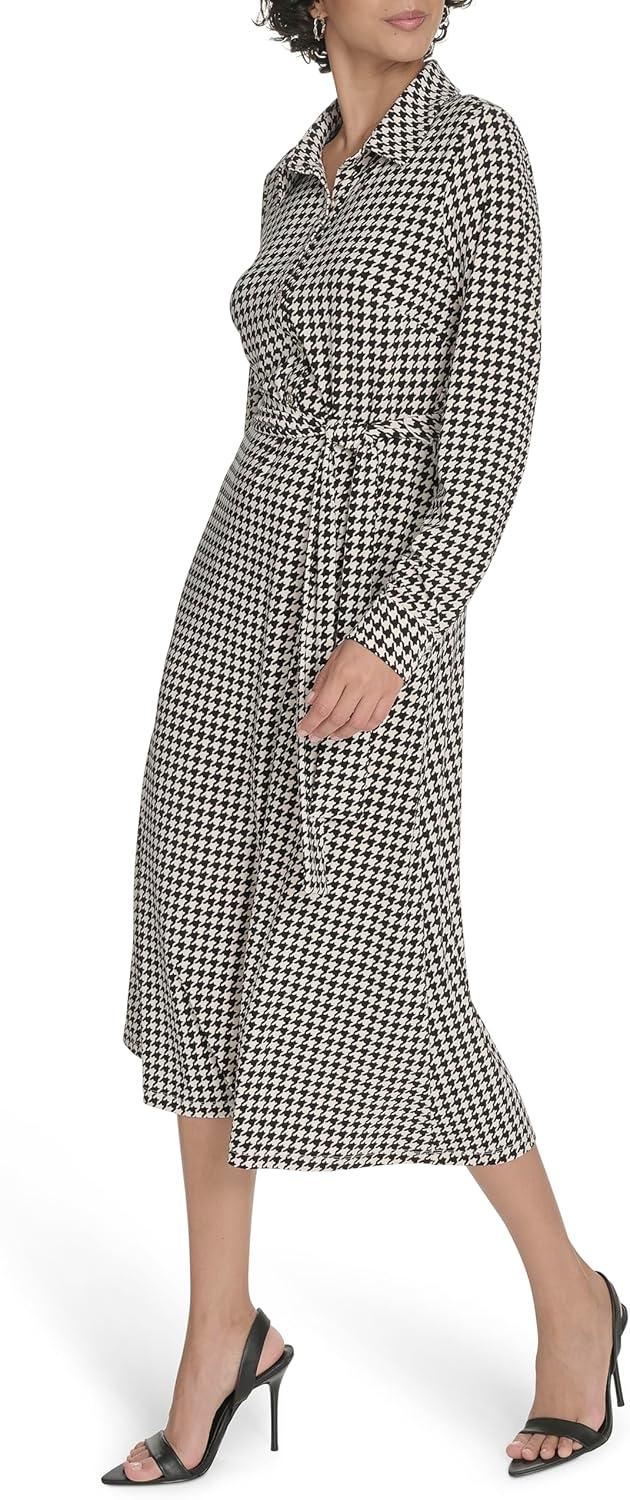 imageTommy Hilfiger Womens Long Sleeve Collared Tie Waist Midi Shirt DressWhitecapBlack