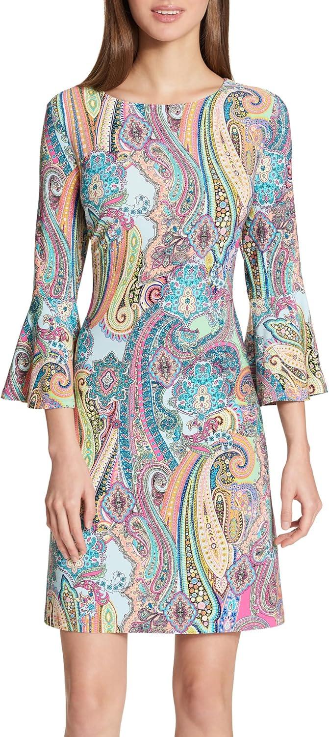 imageTommy Hilfiger Womens Long Sleeve Round Neck Shift DressHot Pink Multi
