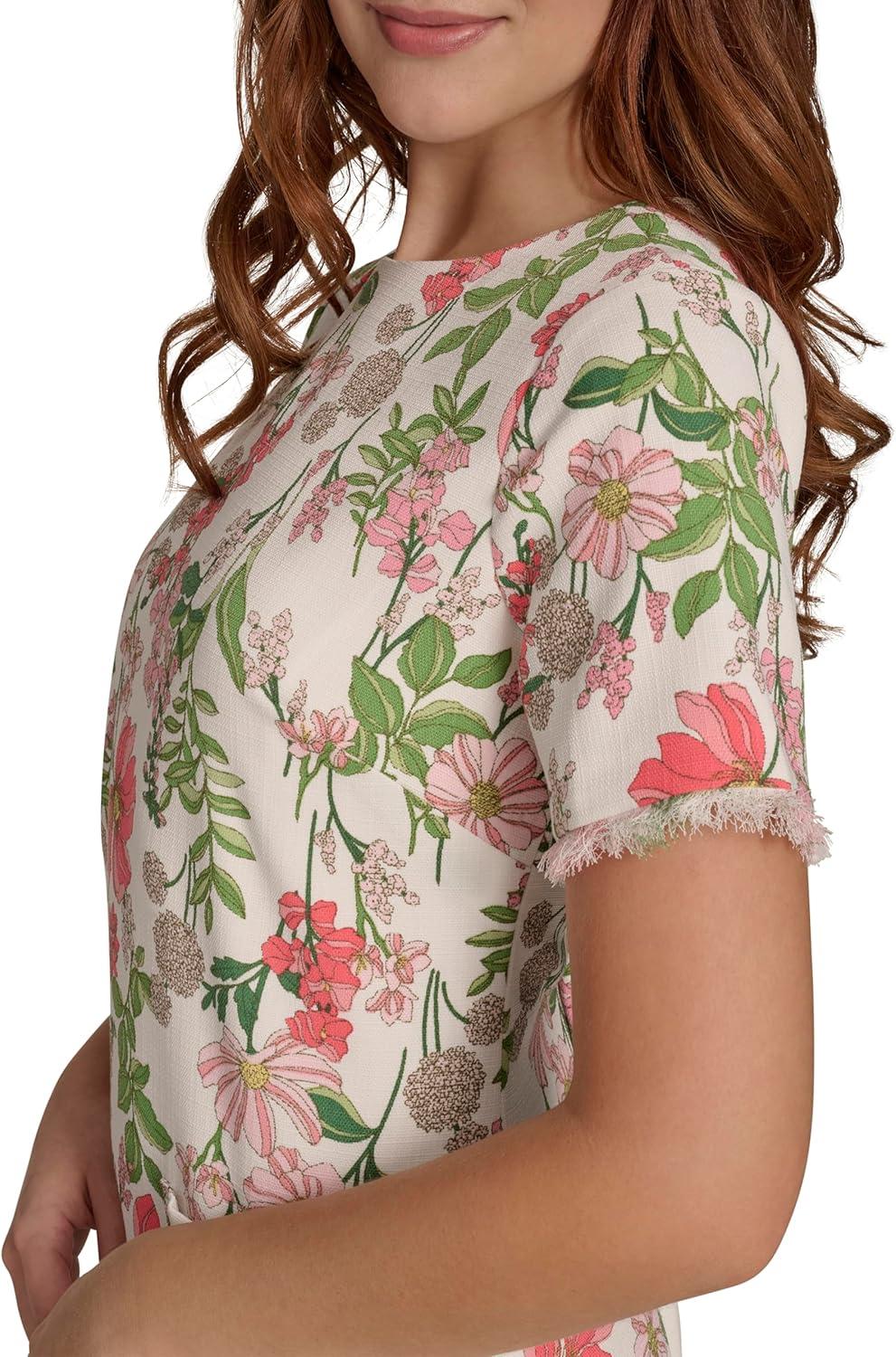 imageTommy Hilfiger Womens Pleated Trim Short Sleeve High Neck Shift Mini DressSherbet Multi