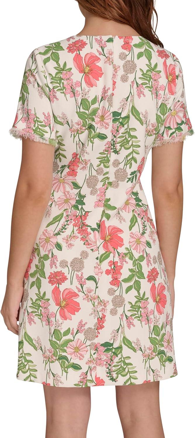 imageTommy Hilfiger Womens Pleated Trim Short Sleeve High Neck Shift Mini DressSherbet Multi