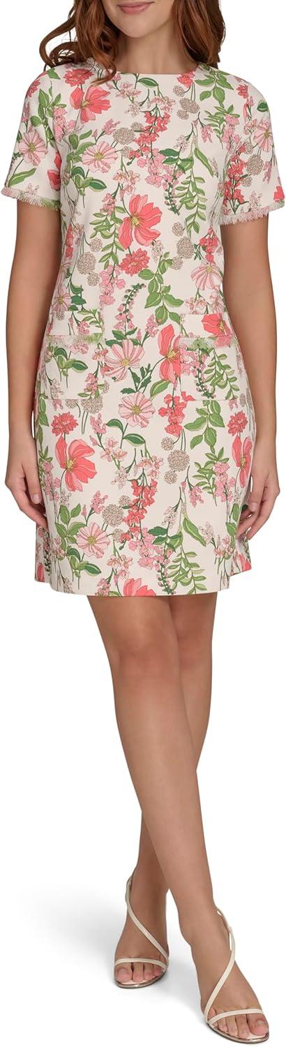 imageTommy Hilfiger Womens Pleated Trim Short Sleeve High Neck Shift Mini DressSherbet Multi