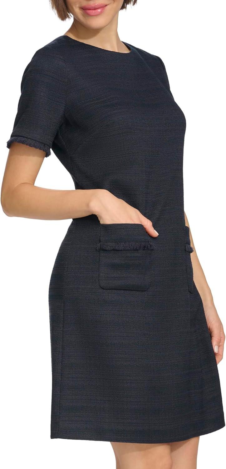 imageTommy Hilfiger Womens Pleated Trim Short Sleeve High Neck Shift Mini DressSky Captain
