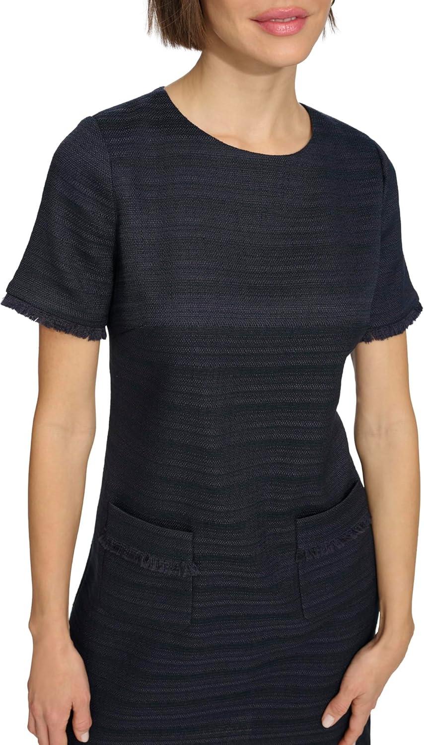 imageTommy Hilfiger Womens Pleated Trim Short Sleeve High Neck Shift Mini DressSky Captain