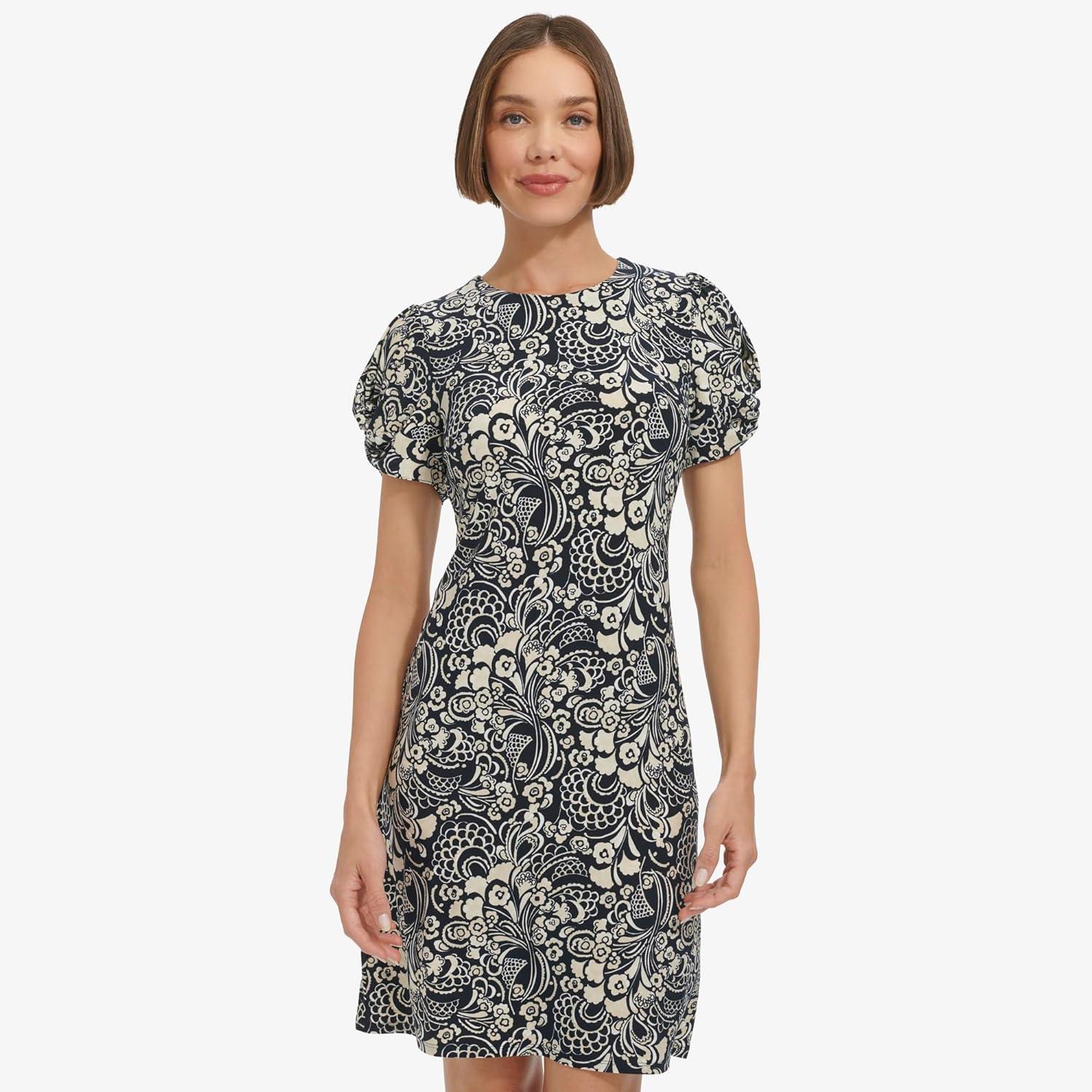 imageTommy Hilfiger Womens Puff Sleeve High Neck Sheath Mini DressSky CaptainIvory