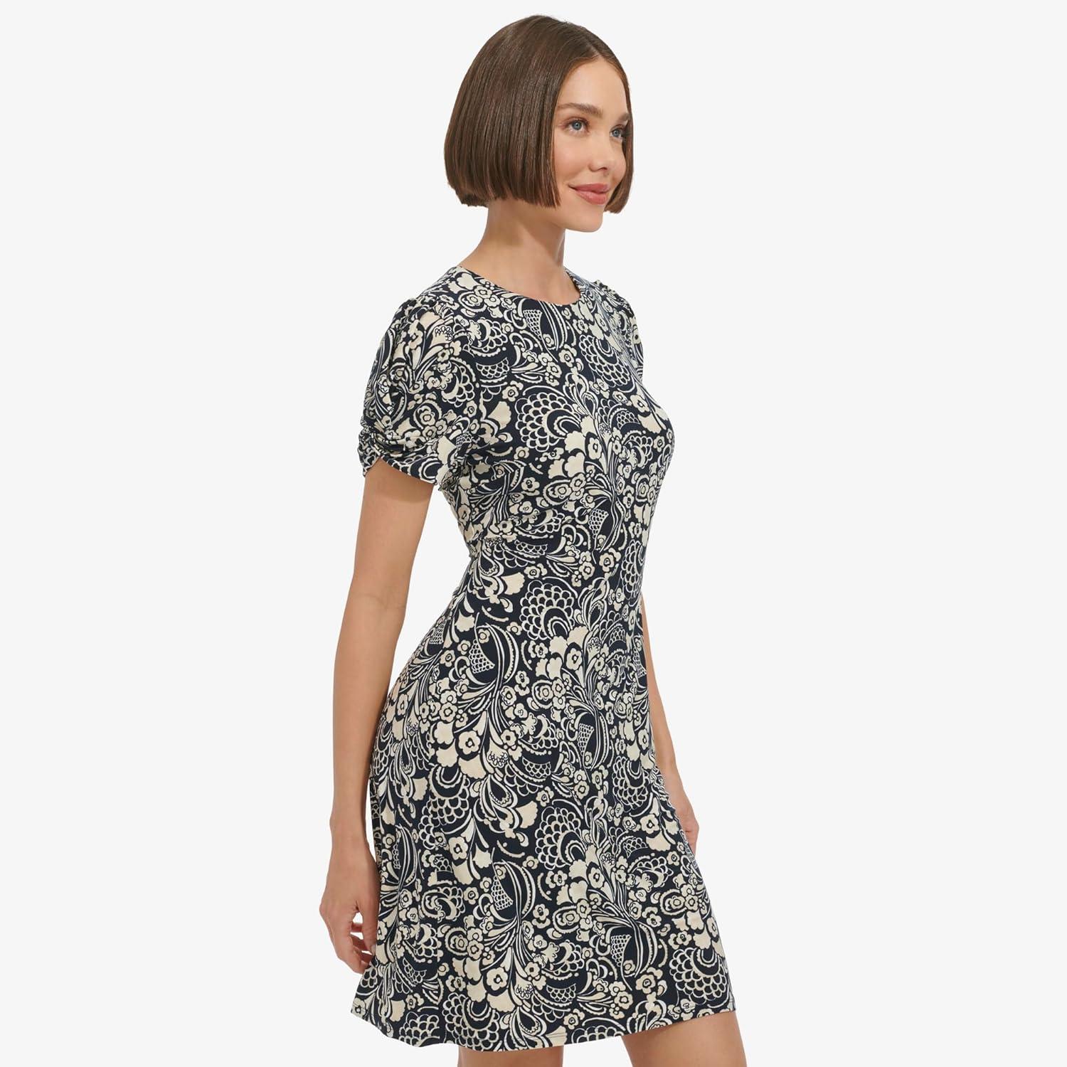 imageTommy Hilfiger Womens Puff Sleeve High Neck Sheath Mini DressSky CaptainIvory
