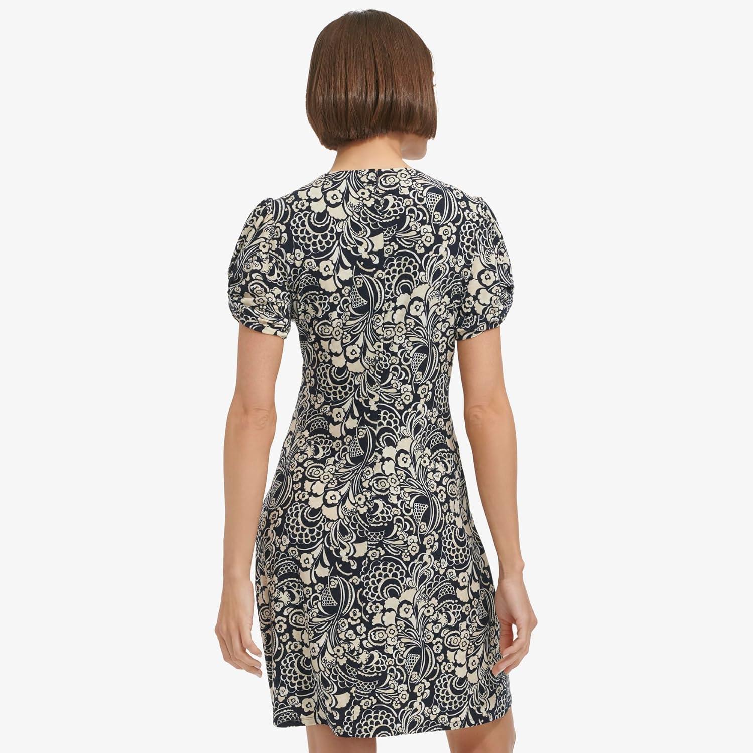imageTommy Hilfiger Womens Puff Sleeve High Neck Sheath Mini DressSky CaptainIvory