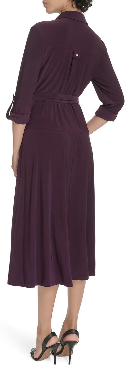 imageTommy Hilfiger Womens Roll Tab Sleeves Collared Solid Jersey ShirtdressAubergine