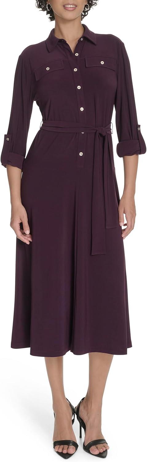 imageTommy Hilfiger Womens Roll Tab Sleeves Collared Solid Jersey ShirtdressAubergine