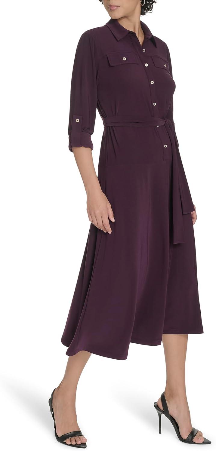 imageTommy Hilfiger Womens Roll Tab Sleeves Collared Solid Jersey ShirtdressAubergine
