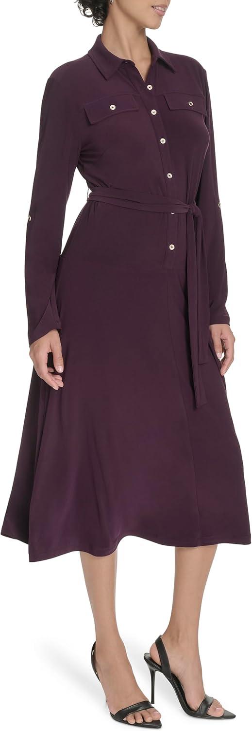 imageTommy Hilfiger Womens Roll Tab Sleeves Collared Solid Jersey ShirtdressAubergine