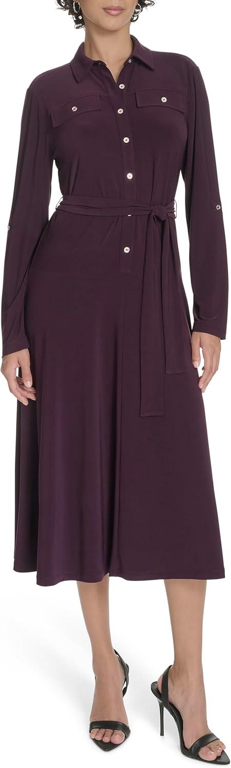 imageTommy Hilfiger Womens Roll Tab Sleeves Collared Solid Jersey ShirtdressAubergine