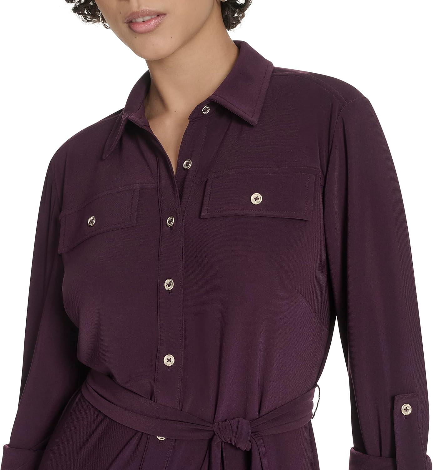imageTommy Hilfiger Womens Roll Tab Sleeves Collared Solid Jersey ShirtdressAubergine