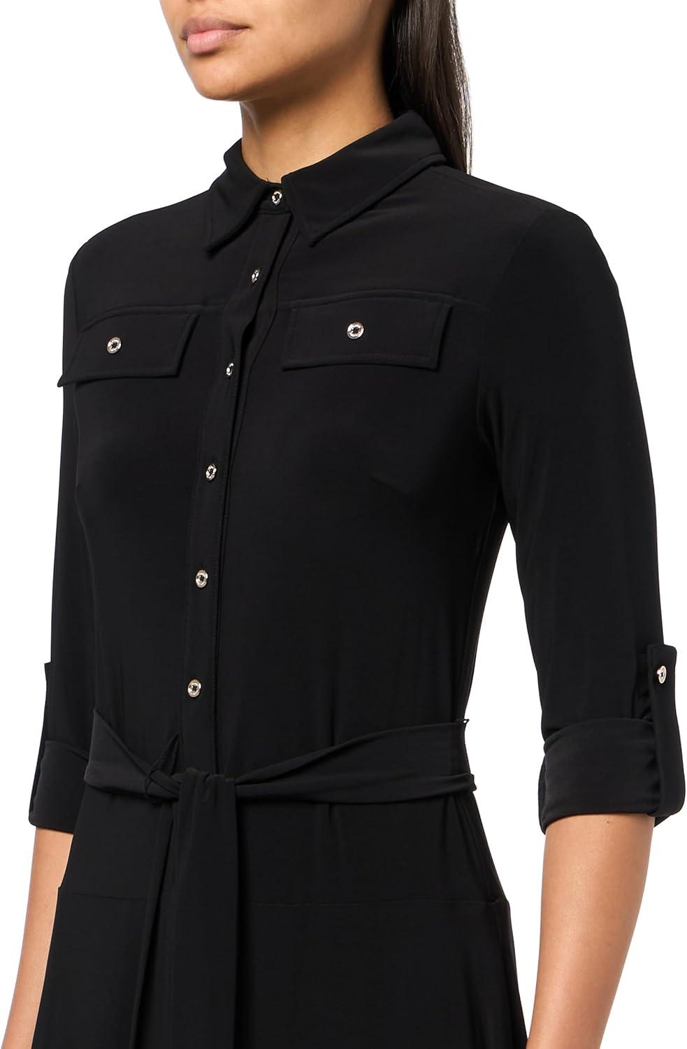imageTommy Hilfiger Womens Roll Tab Sleeves Collared Solid Jersey ShirtdressBlack