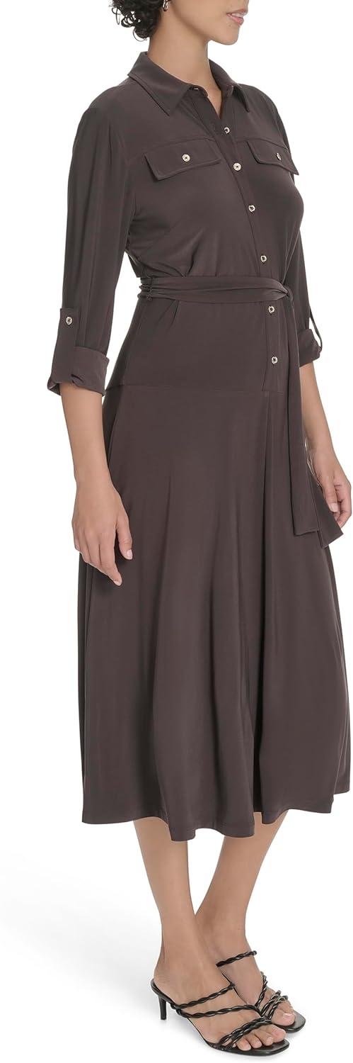 imageTommy Hilfiger Womens Roll Tab Sleeves Collared Solid Jersey ShirtdressMink