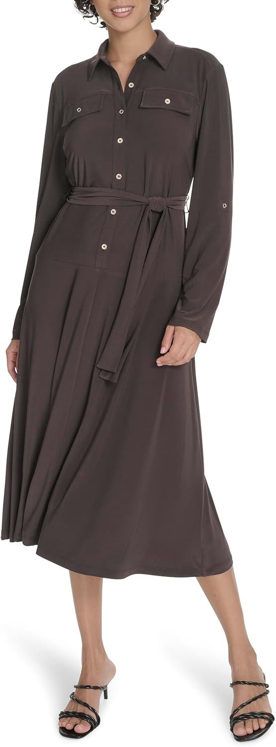 imageTommy Hilfiger Womens Roll Tab Sleeves Collared Solid Jersey ShirtdressMink