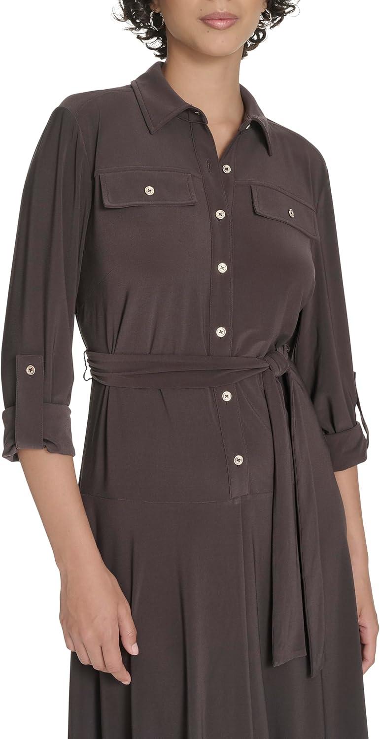 imageTommy Hilfiger Womens Roll Tab Sleeves Collared Solid Jersey ShirtdressMink