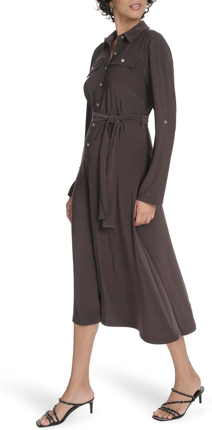 imageTommy Hilfiger Womens Roll Tab Sleeves Collared Solid Jersey ShirtdressMink