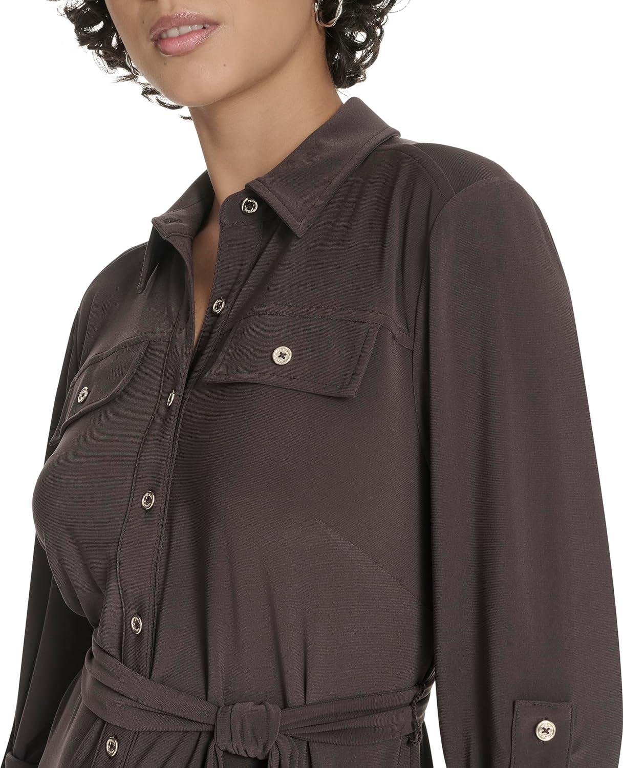 imageTommy Hilfiger Womens Roll Tab Sleeves Collared Solid Jersey ShirtdressMink