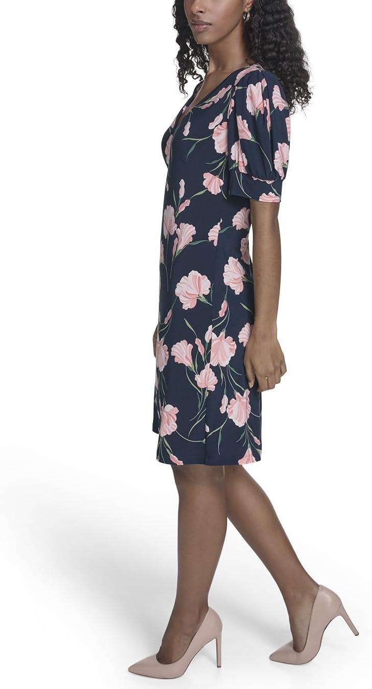 imageTommy Hilfiger Womens Short Puff Sleeve VNeck Shift Mini Dress Sky Captain Multi 10