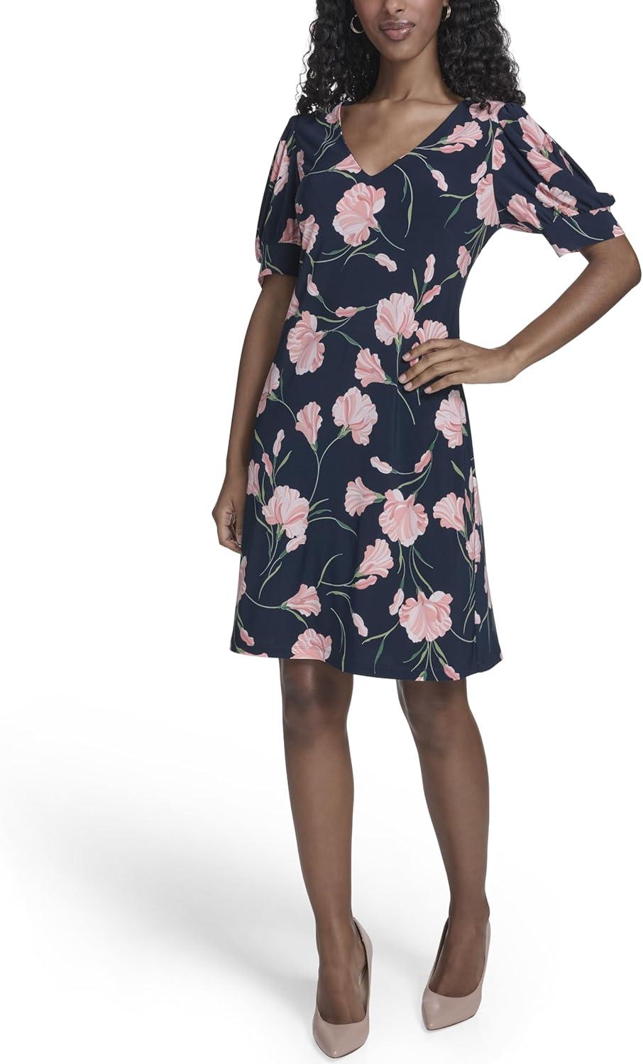 imageTommy Hilfiger Womens Short Puff Sleeve VNeck Shift Mini Dress Sky Captain Multi 10
