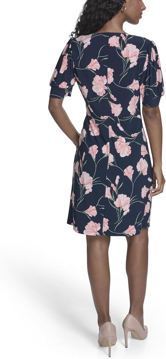imageTommy Hilfiger Womens Short Puff Sleeve VNeck Shift Mini Dress Sky Captain Multi 10