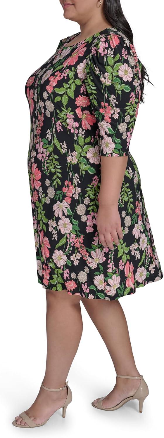 imageTommy Hilfiger Womens Short Ruched Sleeve Boat Neck Shift Mini DressBlack Multi