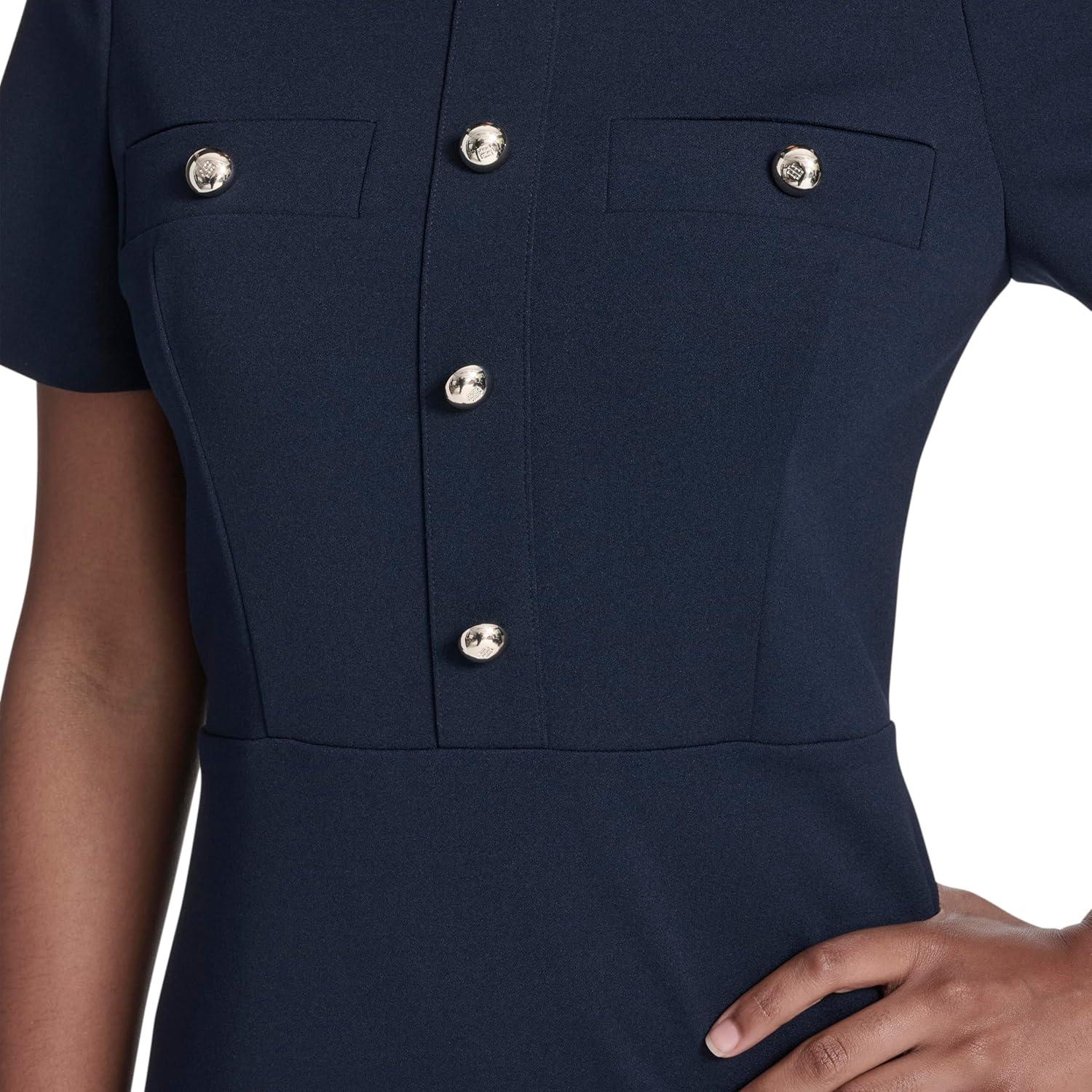 imageTommy Hilfiger Womens Short Sleeve Button Front Sparkle Boucle Knit Fit and Flare Mini Dress Sky Captain 10
