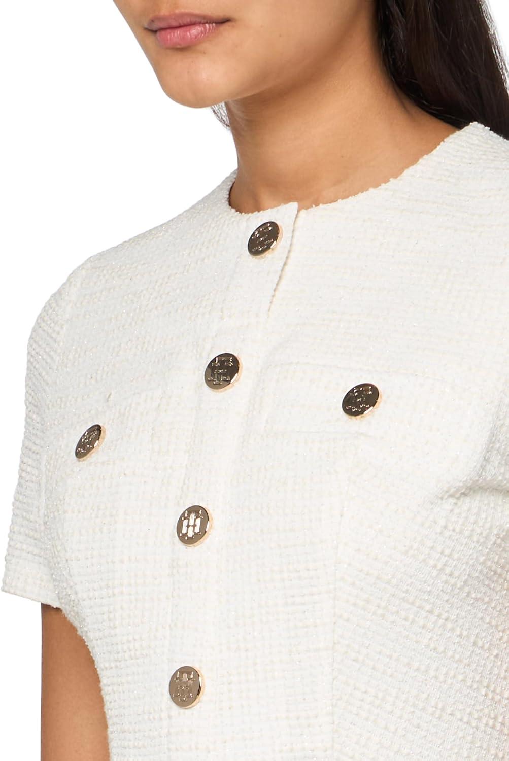 imageTommy Hilfiger Womens Short Sleeve Button Front Sparkle Boucle Knit Fit and Flare Mini DressCreamCream