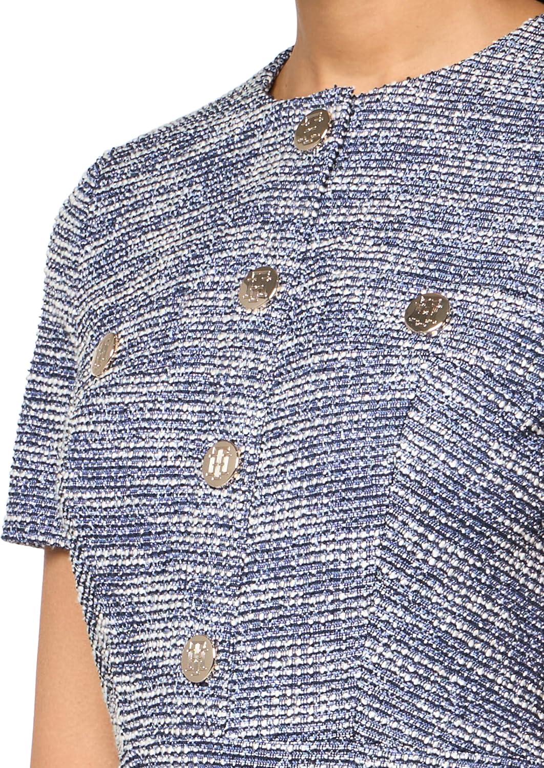 imageTommy Hilfiger Womens Short Sleeve Button Front Sparkle Boucle Knit Fit and Flare Mini DressSky CaptainCream