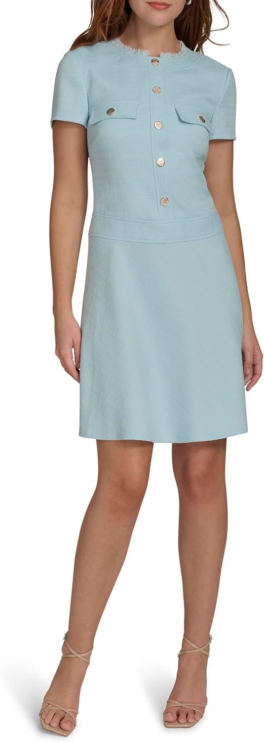 imageTommy Hilfiger Womens Short Sleeve Crew Neck Two Chest Pockets Hopsack Mini DressPorcelain Blue